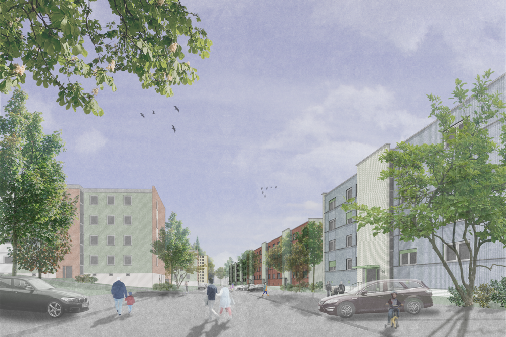 Architektonische Visualisierung einer begrünten Wohnstraße mit mehrgeschossigen Wohngebäuden in unterschiedlichen Farben und Fassadengestaltungen. Bäume säumen die Straße, mehrere Menschen sind zu Fuß unterwegs, Autos stehen am Straßenrand und Vögel fliegen über der Straße. Der offene Straßenraum wirkt verkehrsberuhigt und von viel Grün geprägt.