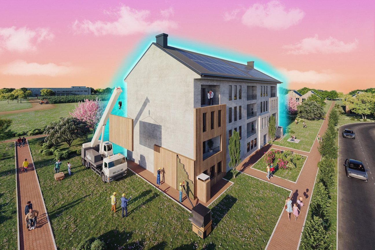 Visualisierung eines Mehrfamilienhauses, dreigeschossig mit Schrägdach während der Sanierung mit vorgefertigten Fassadenelementen