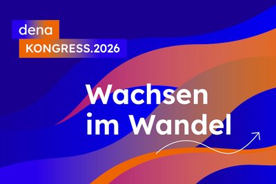 Grafik mit blauen und orangen Elementen, Text: dena Kongress 2026, Wachsen im Wandel