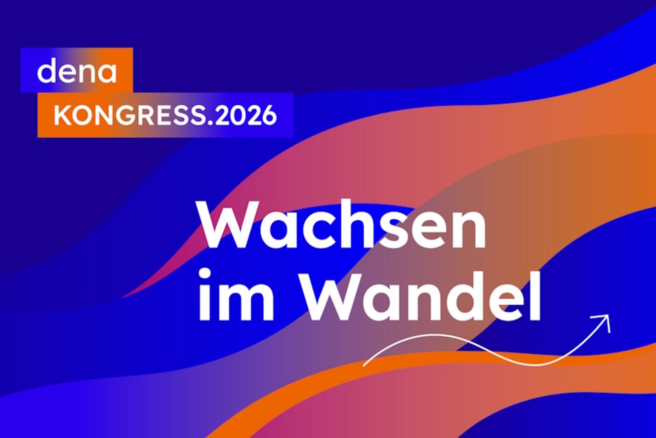 Grafik mit blauen und orangen Elementen, Text: dena Kongress 2026, Wachsen im Wandel