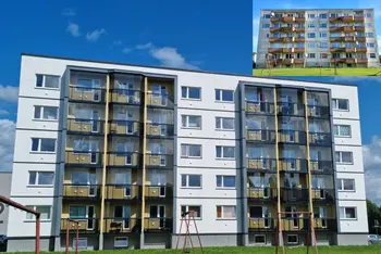 Vorher-/Nachher-Bild eines sanierten Wohngebäudes, fünfgeschossig mit Flachdach