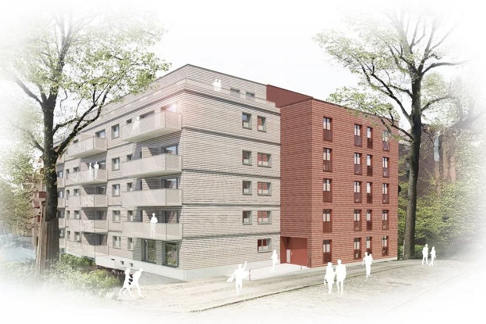 Rendering eines Mehrfamilienhauses fünfgeschossig plus Aufstockung und Neubau