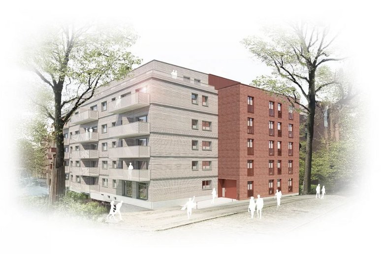 Rendering eines Mehrfamilienhauses fünfgeschossig plus Aufstockung und Neubau