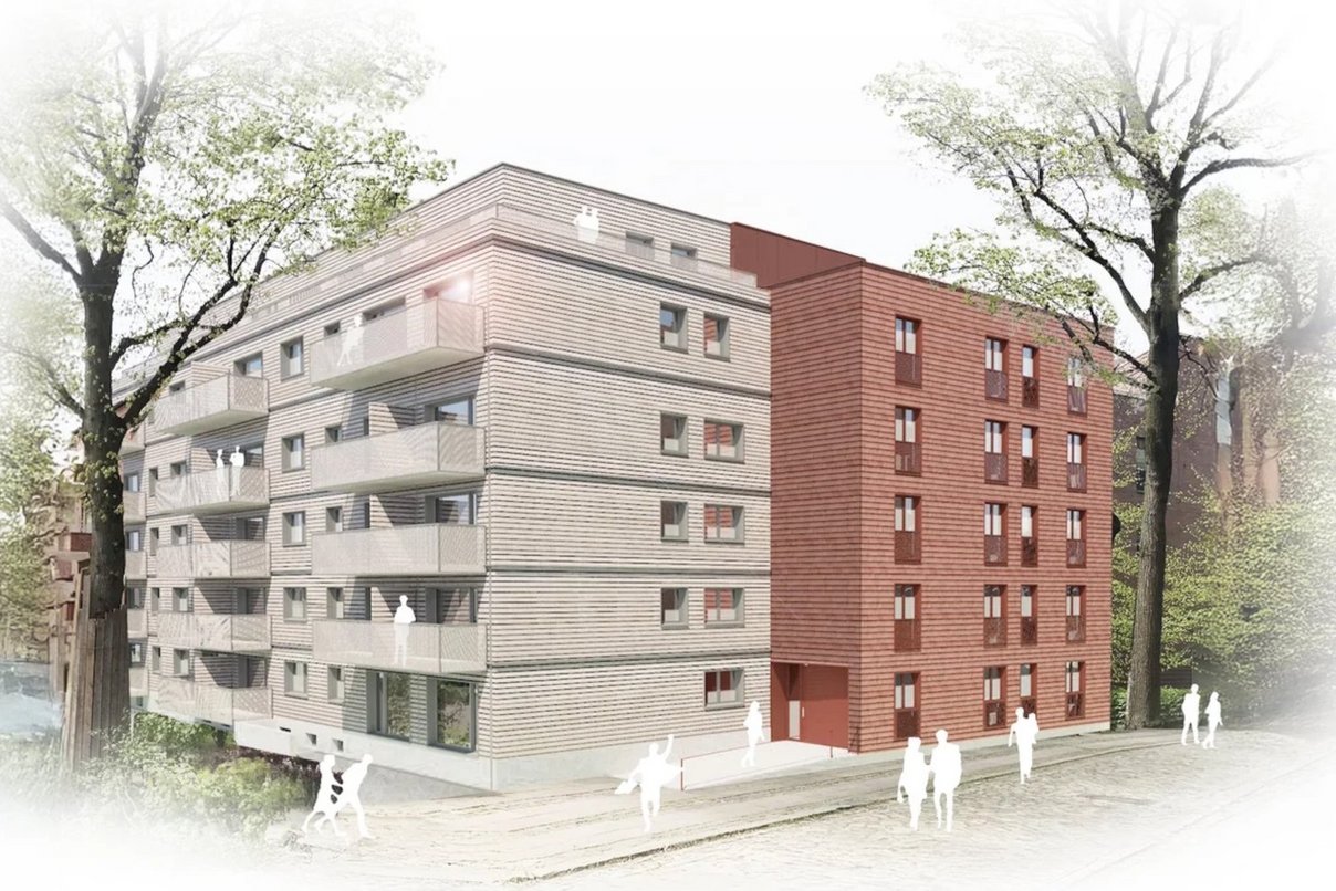 Rendering eines Mehrfamilienhauses fünfgeschossig plus Aufstockung und Neubau