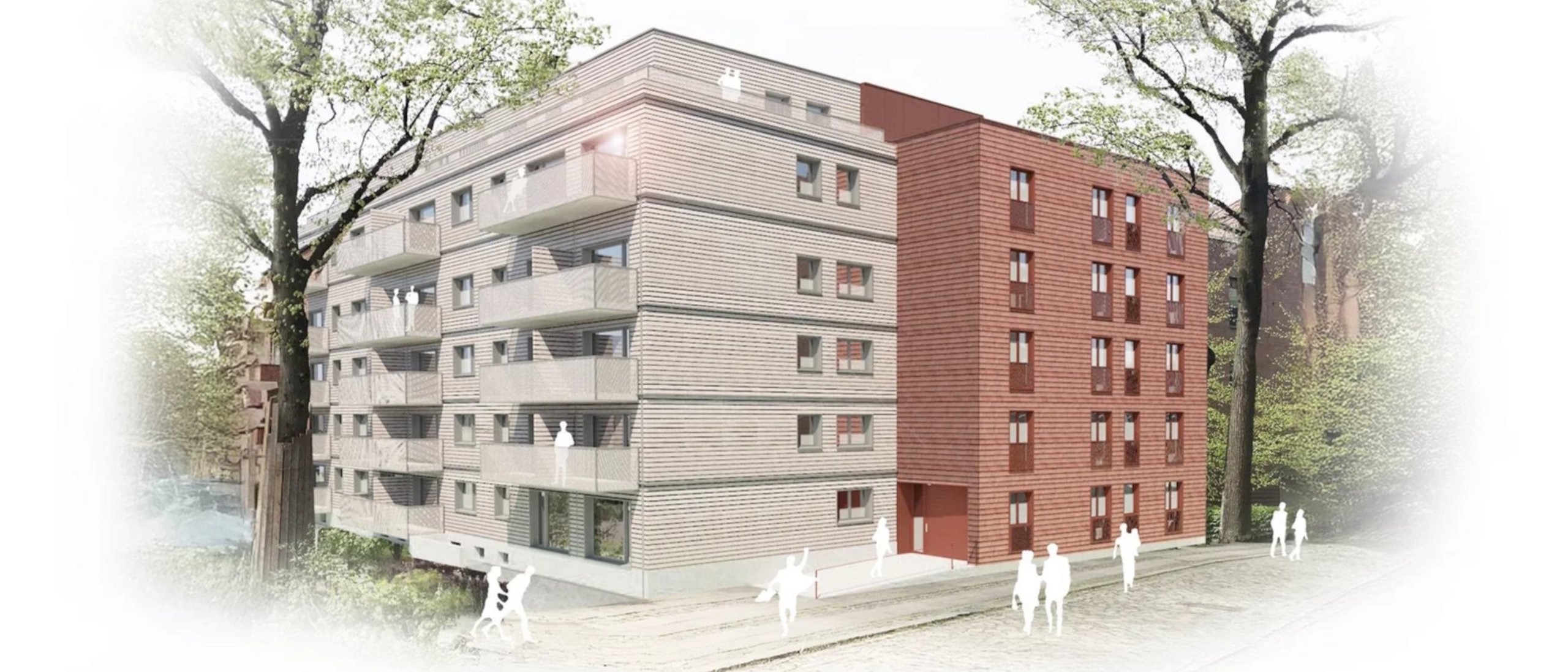 Rendering eines Mehrfamilienhauses fünfgeschossig plus Aufstockung und Neubau
