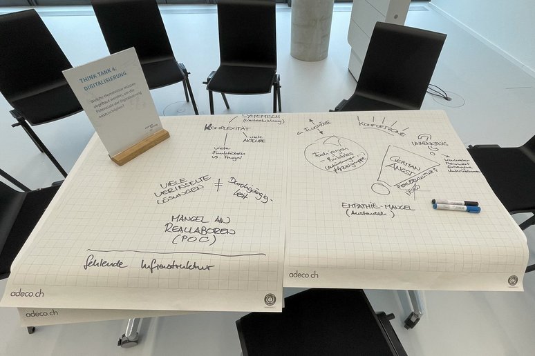 Tisch und schwarze Stühle in einem Workshopraum, auf dem Tisch Flipchart-Papier mit Notizen