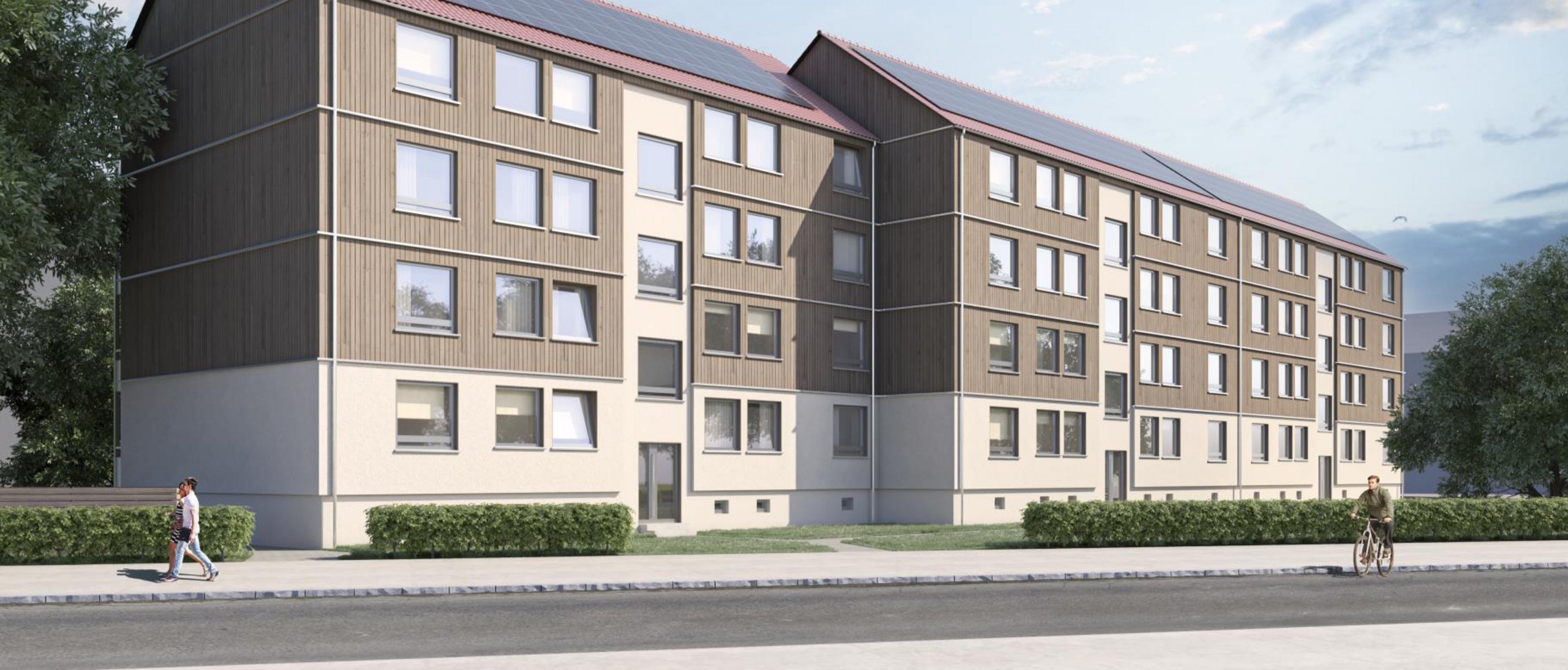 Rendering eines Mehrfamilienhauses viergeschossig mit Schrägdach, davor eine Straße