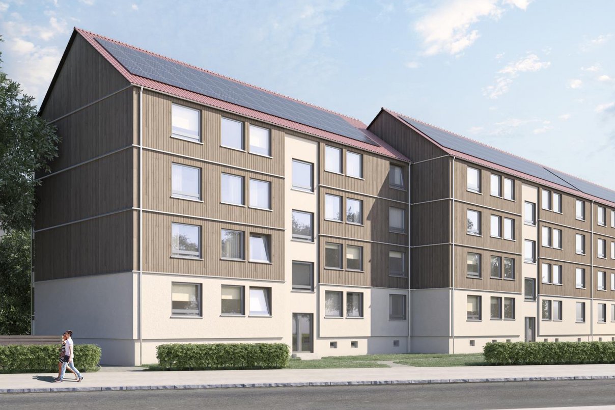 Rendering eines Mehrfamilienhauses viergeschossig mit Schrägdach, davor eine Straße