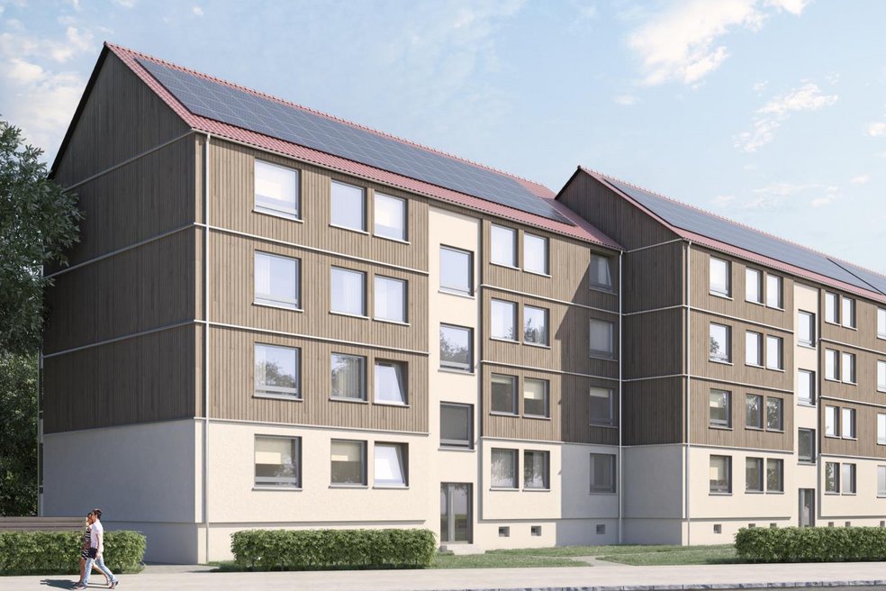 Rendering eines Mehrfamilienhauses viergeschossig mit Schrägdach, davor eine Straße