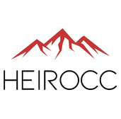 Logo des Unternehmens Heirocc, weißer Hintergrund, schwarze Schrift, drei rot skizzierte Bergspitzen