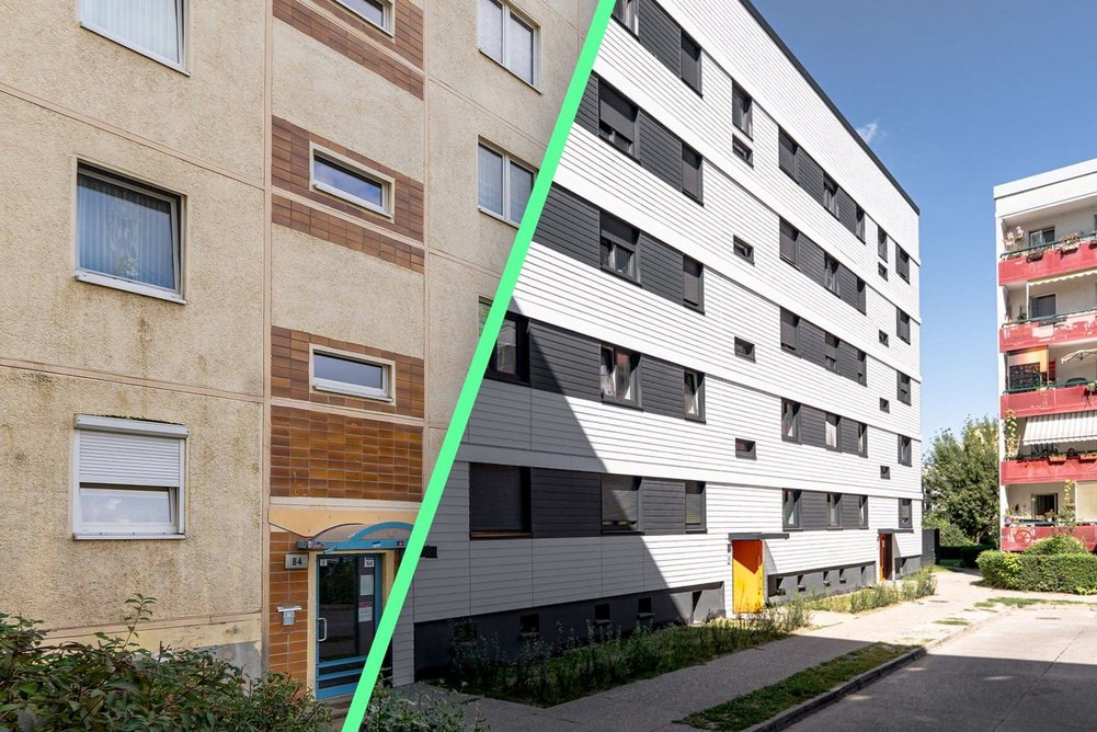 Bild zeigt: Linke Hälfte ein altes Gebäude vor Sanierung, rechte Seite ein saniertes Gebäude mit neuer Fassade