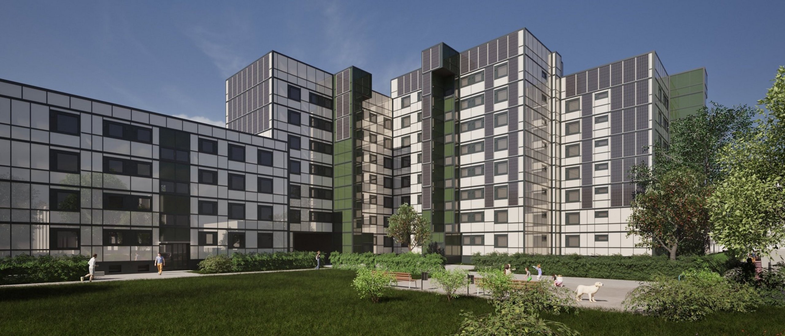 Ansicht Wohnquartier nach Sanierung, Gebäude mit verschiedenen Höhen, davor Grünflächen