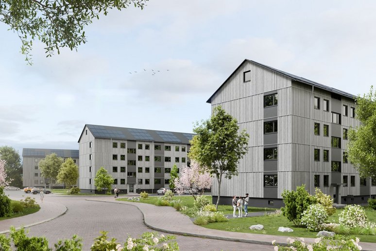 Rendering eines Wohnquartiers mit viergeschossigen Gebäuden und Grünanlagen sowie einer Straße