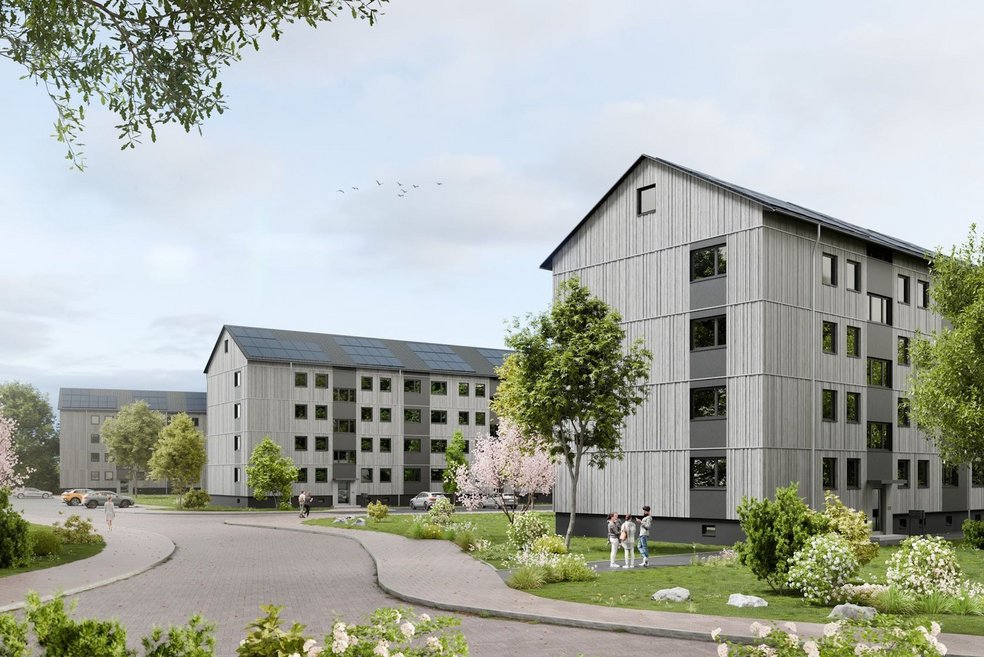 Verschieben Sie den Pfeil für den Vorher/Nachher-Vergleich Rendering eines Wohnquartiers mit viergeschossigen Gebäuden und Grünanlagen sowie einer Straße