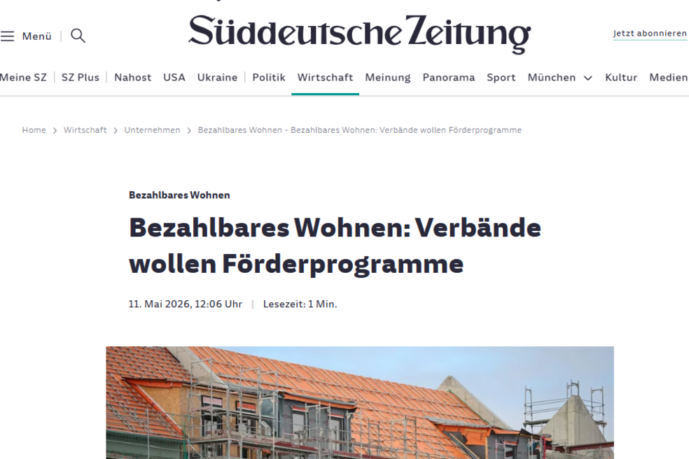 Screenshot vom Einstieg in den online Beitrag "Bezahlbares Wohnen: Verbände wollen Förderprogramm" der Süddeutschen Zeitung vom 11. Mai 2026
