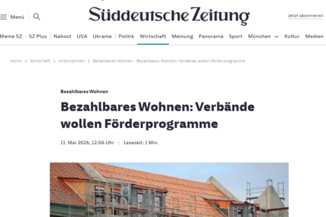 Screenshot vom Einstieg in den online Beitrag "Bezahlbares Wohnen: Verbände wollen Förderprogramm" der Süddeutschen Zeitung vom 11. Mai 2026