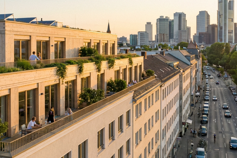 Visualisierung eines Wohngebäudes mit Aufstockung, vor dem Gebäude eine Straße mit PKWs, im Hintergrund Hochhäuser