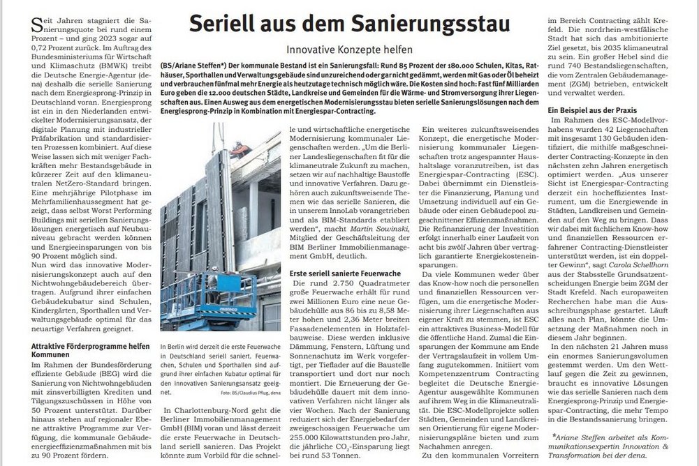 Beitrag aus dem Behörden Spiegel, Ausgabe September 2024, Überschrift: Seriell aus dem Sanierungsstau