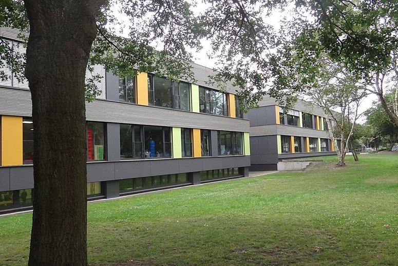 Saniertes Schulgebäude zweigeschossig mit Flachdach, Seitenansicht, davor Rasen und ein Laubbaum