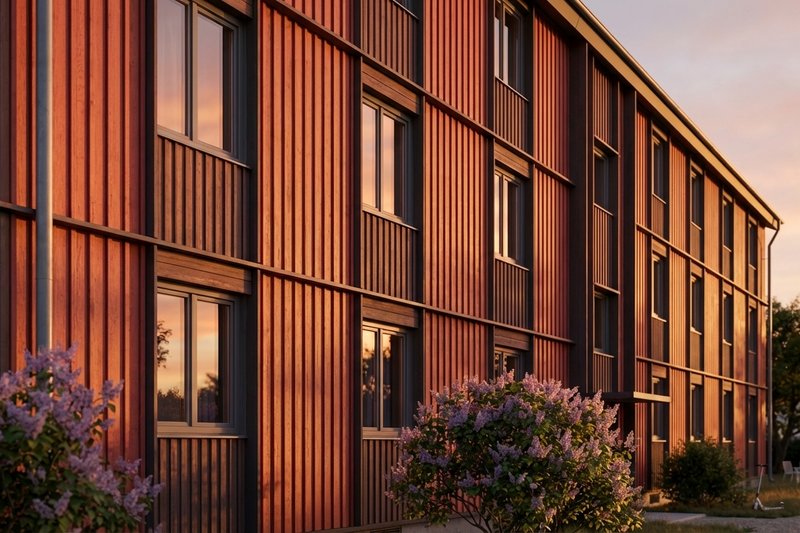 Rendering eines Mehrfamilienhauses dreigeschossig, davor blühende Sträucher