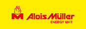 Logo des Unternehmens Alois Müller ENERGY UNIT, rote Schrift vor gelbem Hintergrund