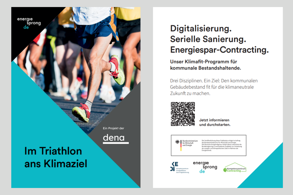 Postkarte (Vorder- und Rückseite) zum Klimafit-Programm für kommunale Bestandshaltende mit QR-Code für weitere Informationen.