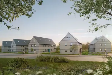 Rendering eines Wohnquartiers mit mehreren Mehrfamilienhäusern, zweigeschossig mit Schrägdach