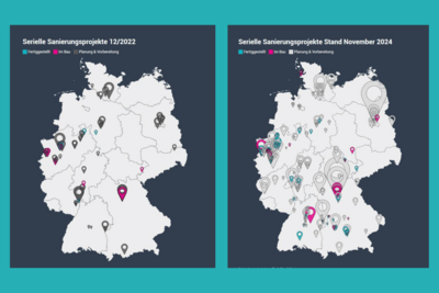 Deutschlandkarten mit seriellen Sanierungsprojekten, Vergleich Stand bis 2022 und 2024