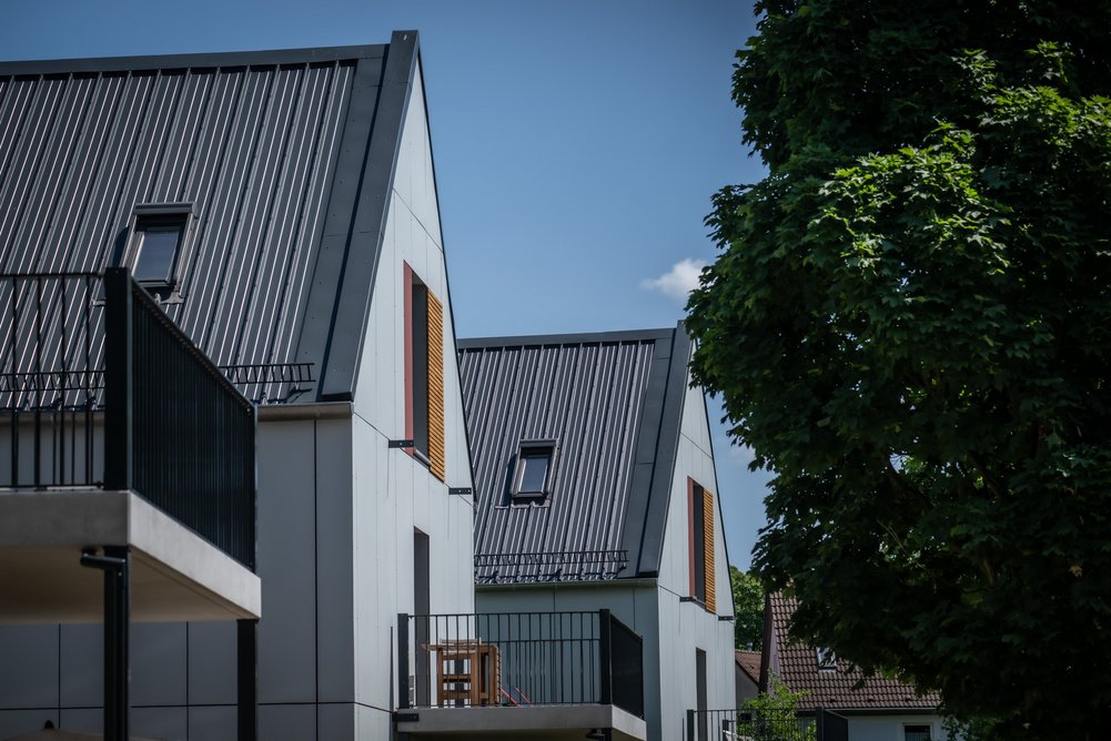 Mehrfamilienhäuser, blauer Himmel, Laubbaum