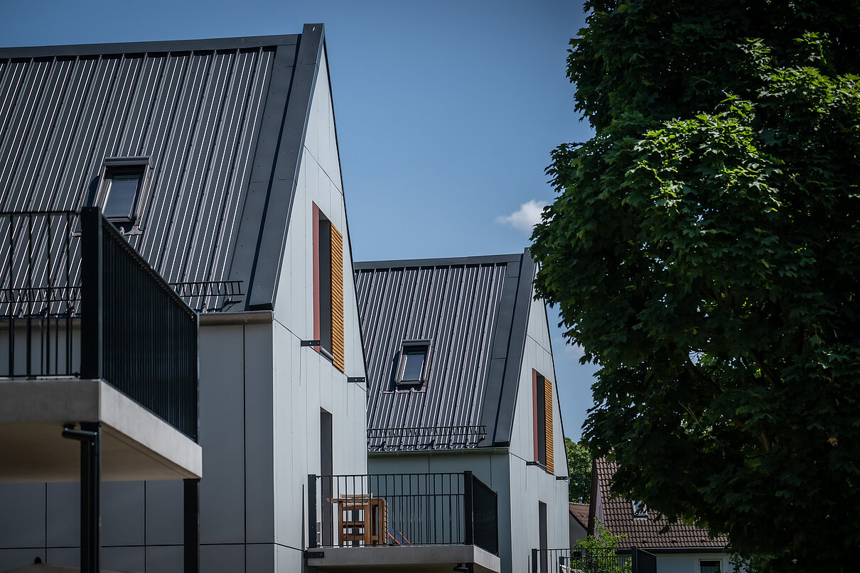 Mehrfamilienhäuser, blauer Himmel, Laubbaum
