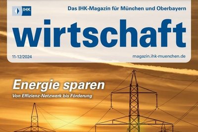 Titelbild des Magazins "wirtschaft", im Vordergrund Freileitungsmaste, im Hintergrund Sonnenuntergang