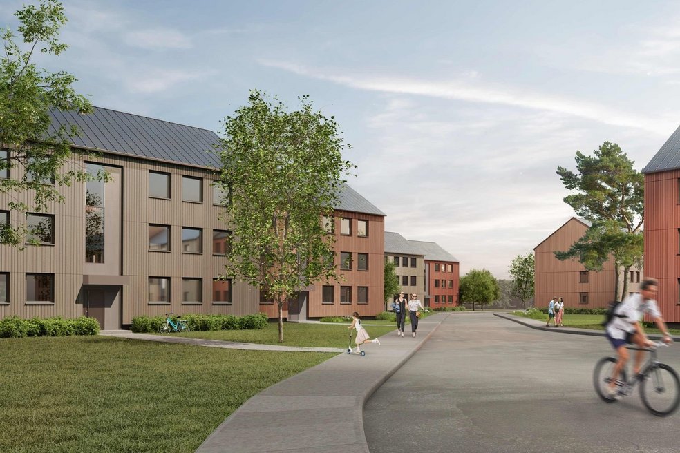 Rendering Wohnquartier, Häuser dreigeschossig, Wege und Grünanlagen, Fahrradfahrer