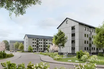 Rendering zu einem Wohnquartier, Mehrfamilienhäuser viergeschossig mit Schrägdach, umgeben von Fußwegen, einer Straße und Grünanlagen
