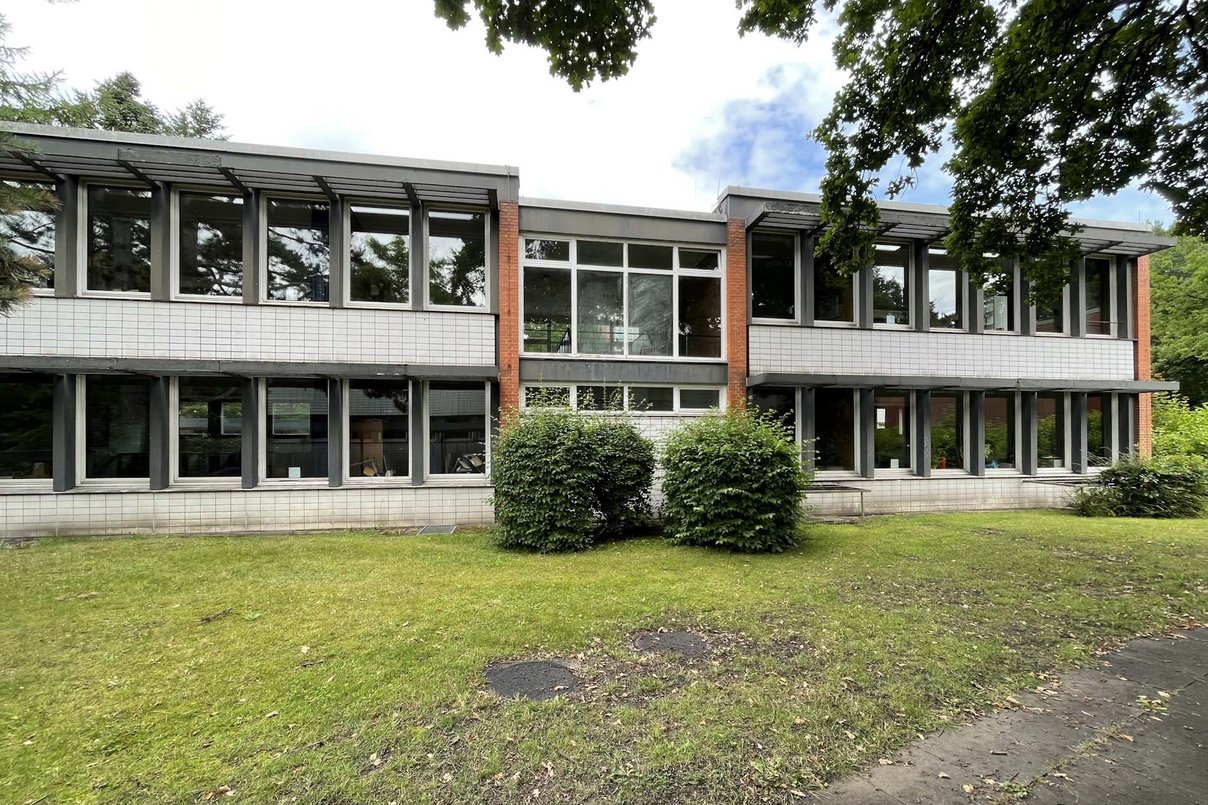 Schulgebäude zweigeschossig, davor Rasenfläche mit zwei Sträuchern