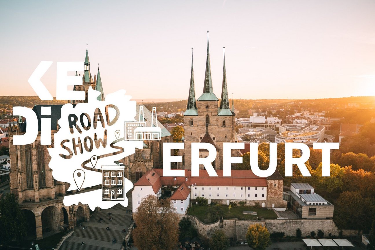 Blick von oben auf die Stadt Erfurt, darüber Text: KEDi Roadshow Erfurt