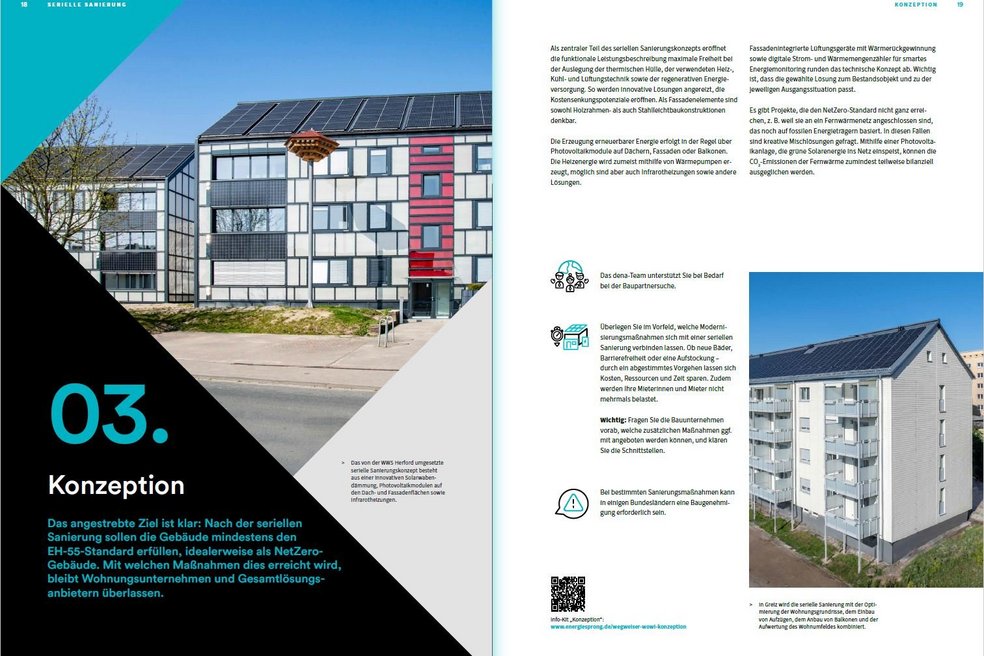 Seiten 18 und 19 aus dem Wegweiser Wohnungswirtschaft Serielle Sanierung Schritt für Schritt, Bild und Text